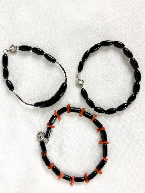 Handmade Jewelry - 3 Vintage Bracelets Onyx and Orange Coral from Jamaica Handmade